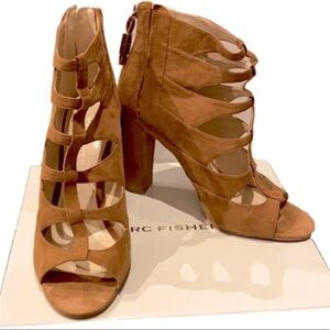MARC FISHER Suede Caged Chunky Camel Booties